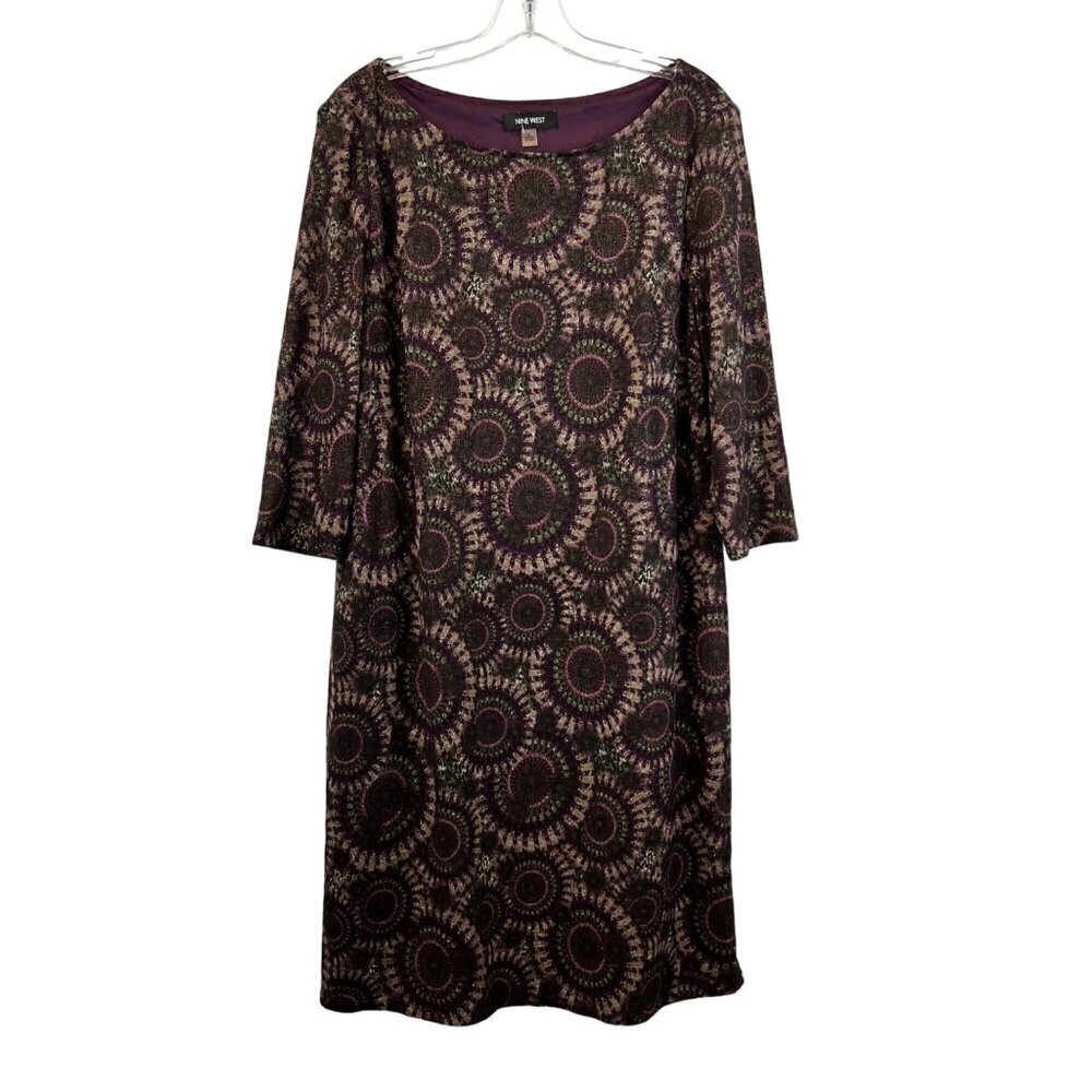 Nine West Womens 3/4 Sleeve Round Neck Purple/Multi Shift Dress XL Shimmer